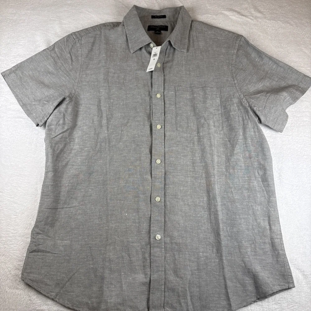 NWT! Banana Republic Shirt Mens XL Linen Slim Fit Gray Button Front Short Sleeve